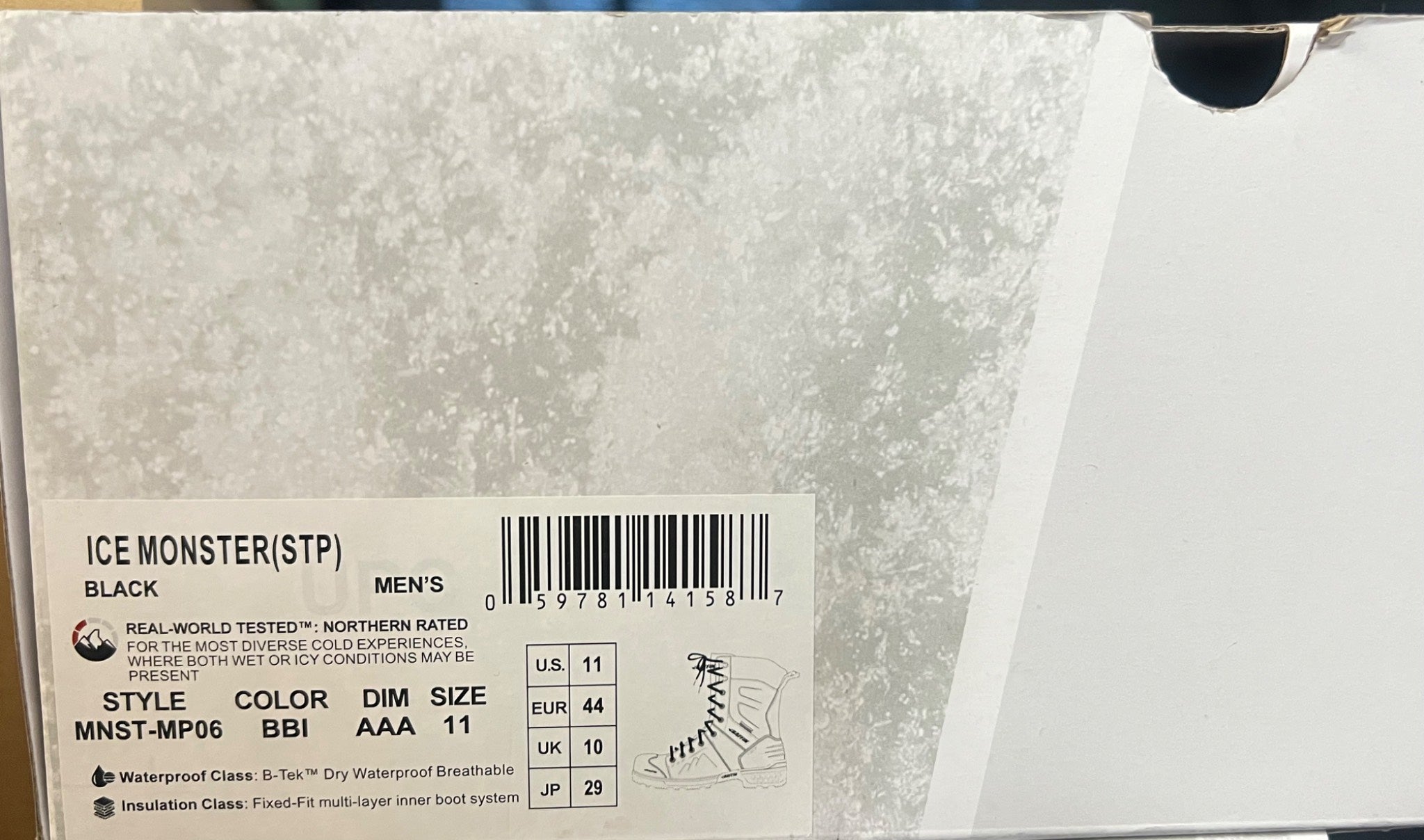 Product label for Ice Monster boots with size and color information.