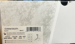 Product label for Ice Monster boots with size and color information.