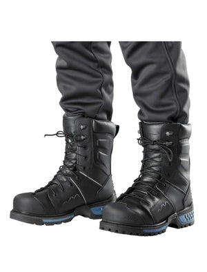 Black tactical boots with blue soles worn with black pants on a white background