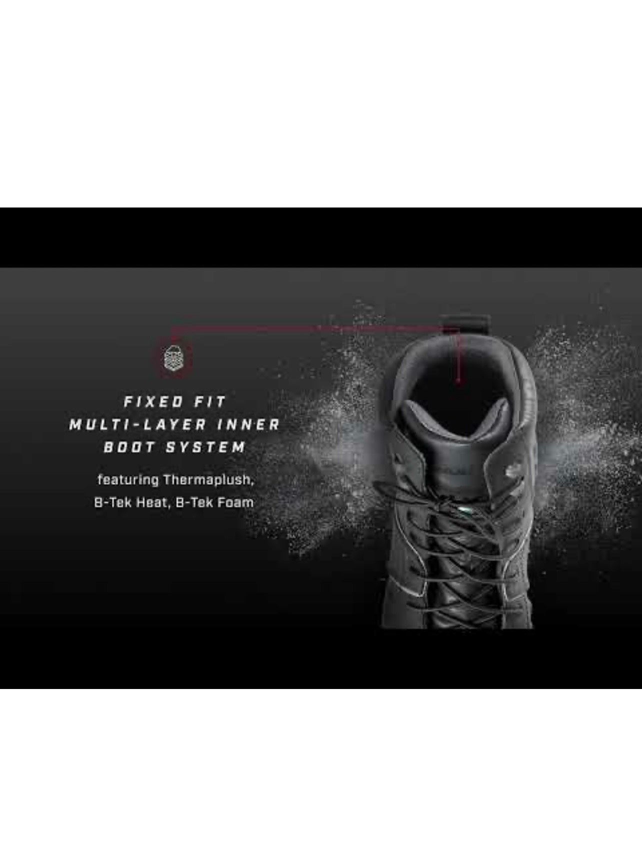 Black boot with technical text on a black background