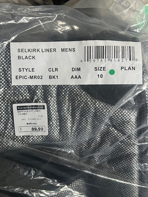 Packaged black Selkirk liner with a label showing product details.