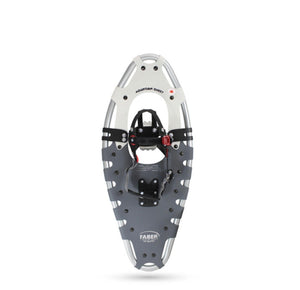 Gray snowshoe with black straps on a white background
