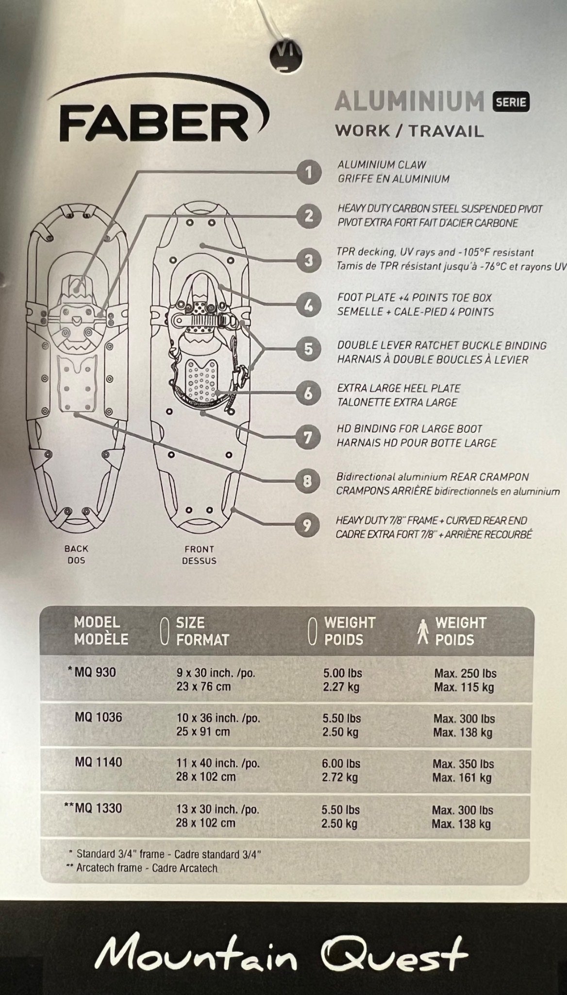 Faber aluminium snowshoe product sheet with specifications and branding.