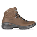 Brown hiking boot with gray sole on a white background