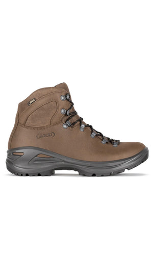 Brown hiking boot with gray sole on a white background