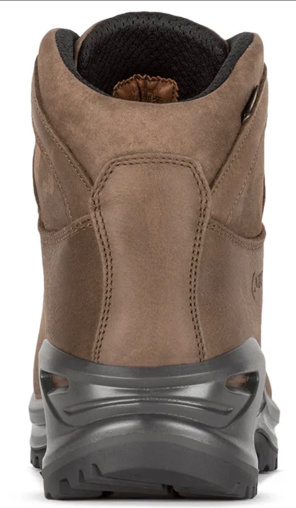 Brown leather boot with black sole on a white background