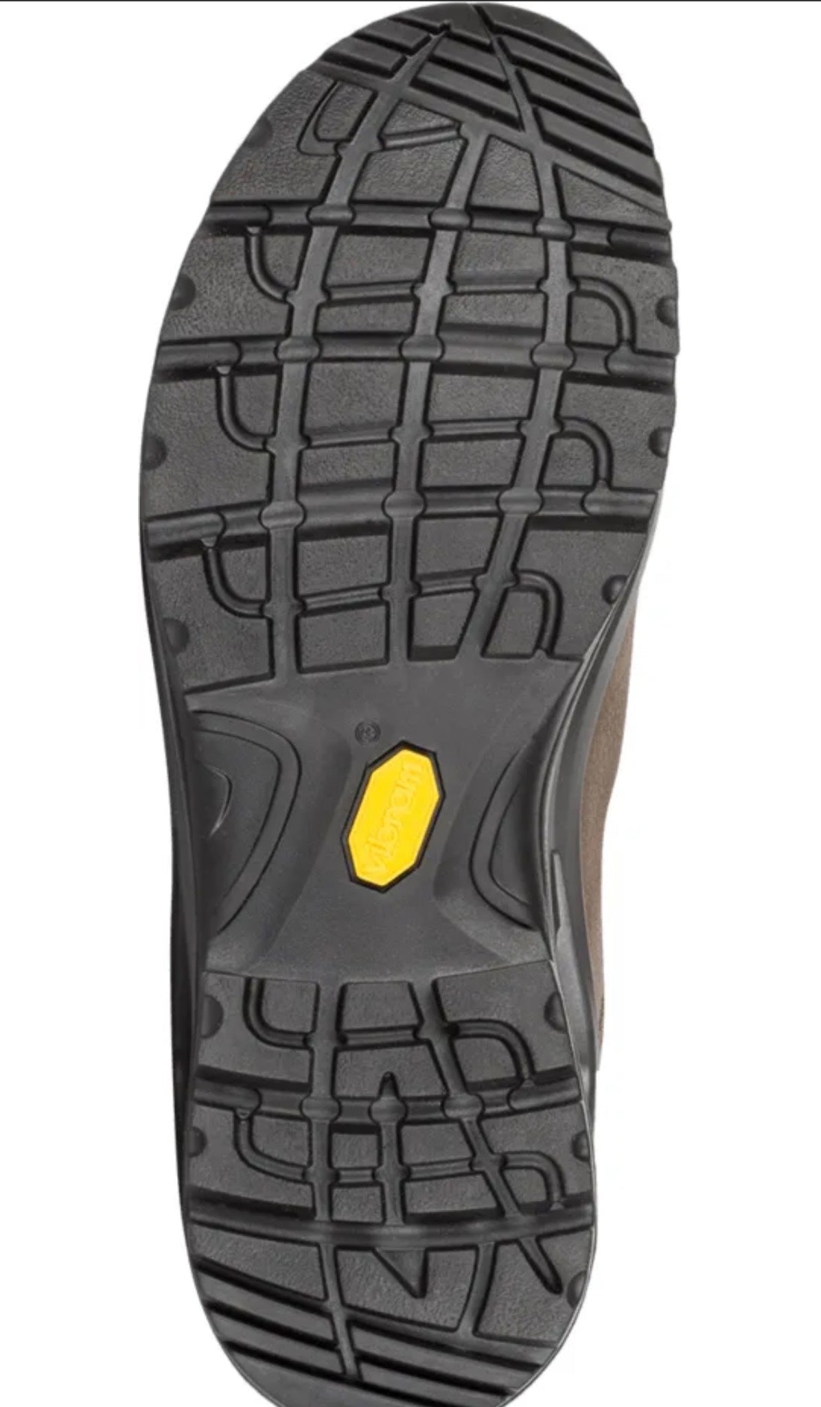 Close-up of a shoe sole with a yellow heel pad on a white background