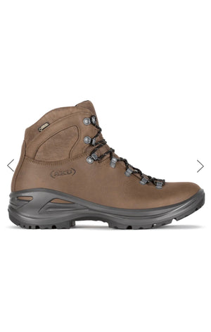Brown hiking boot with gray sole on a white background