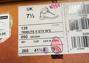 Product label with shoe size information on a cardboard surface
