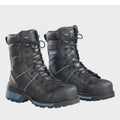 Pair of black tactical boots with blue accents on a white background