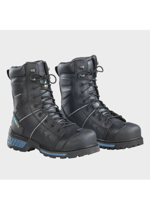Pair of black tactical boots with blue accents on a white background