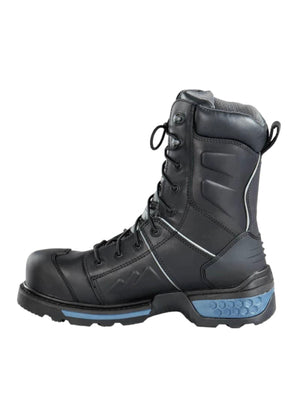 Black boot with blue sole on a white background