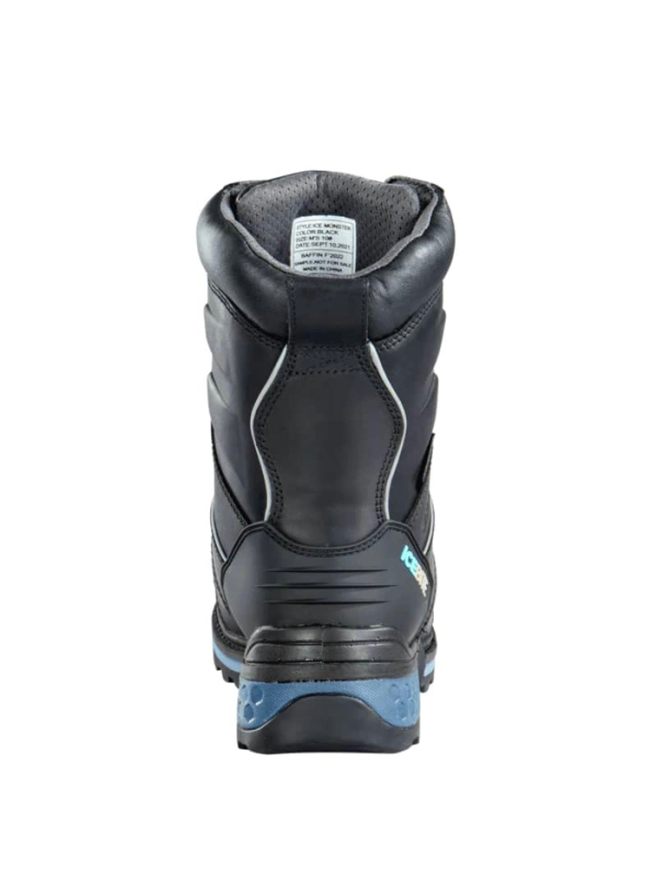 Black winter boot with blue sole on a white background