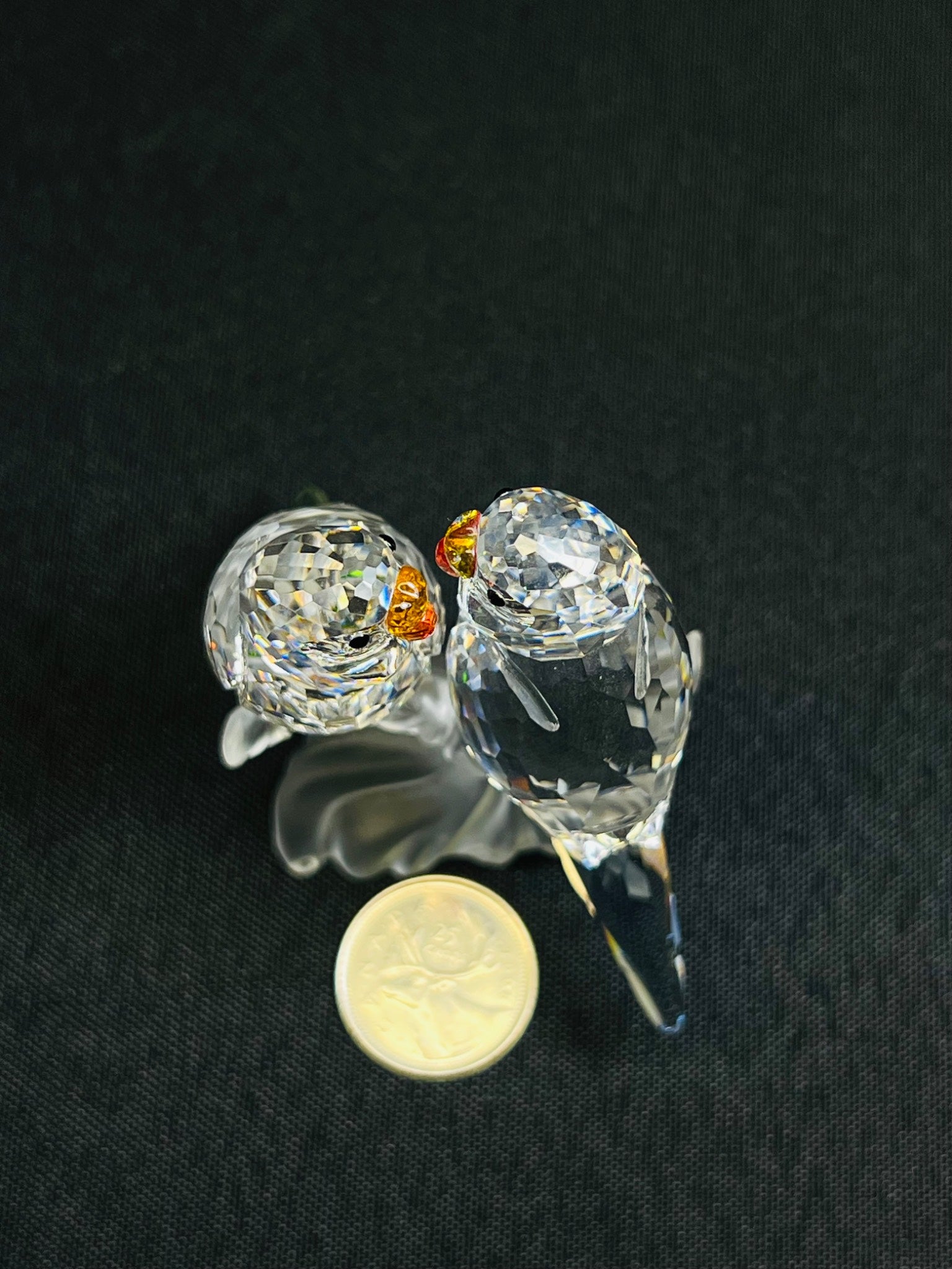 Crystal owl earrings on a black background with a coin for scale.