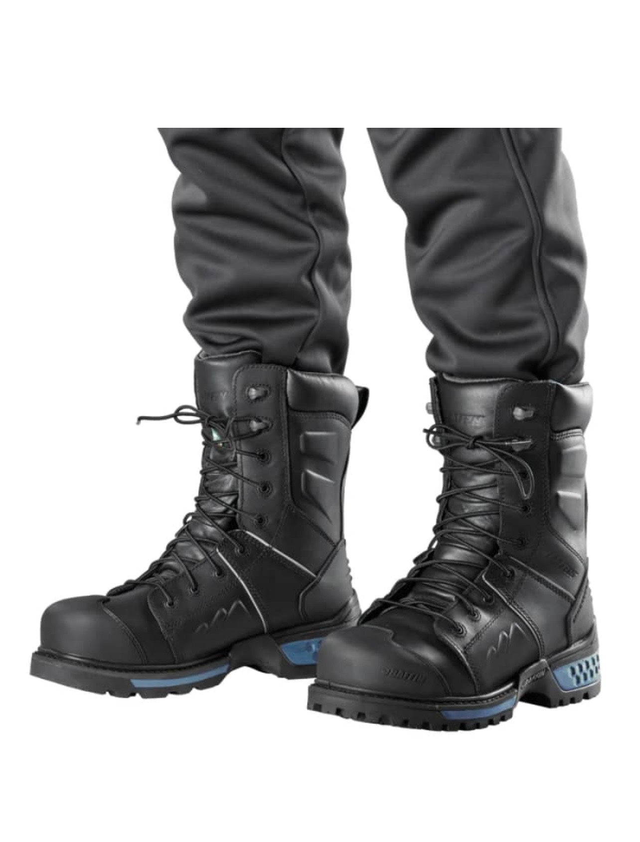Black tactical boots with blue soles worn with black pants on a white background