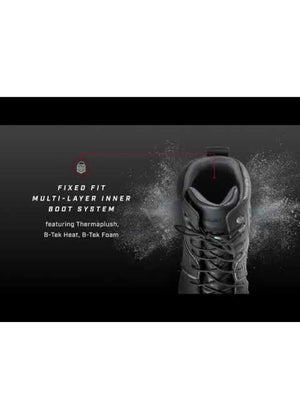 Black boot with technical text on a black background