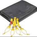 Black tarp with yellow straps and red accents on a white background