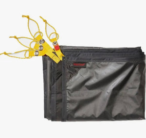 Black tarp with yellow ropes and a red label on a white background