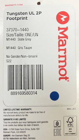 Marmot product label with Tungsten UL 2P Footprint information and branding.