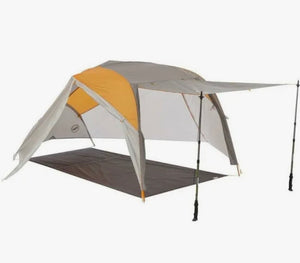 Camping tent with a gray and orange design on a white background