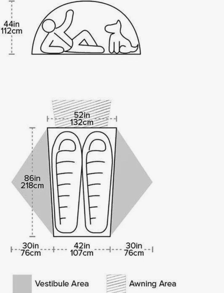 Diagram showing dimensions of a tent with labeled areas for vestibule and awning.