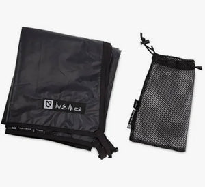 Black outdoor blanket with Nemo branding and a mesh storage bag on a white background