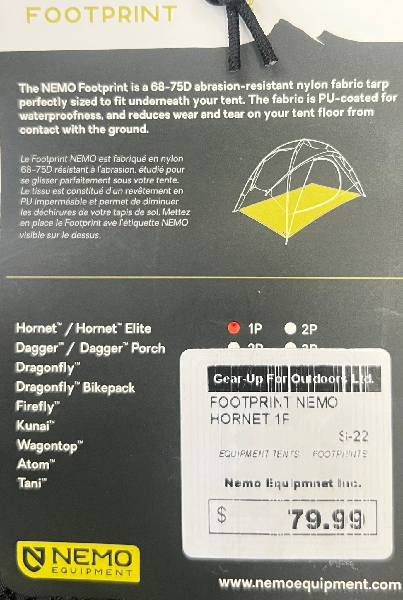 NEMO Footprint product label with tent illustration and pricing information.