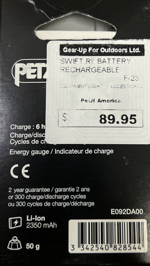 Petzl battery packaging with price tag and specifications