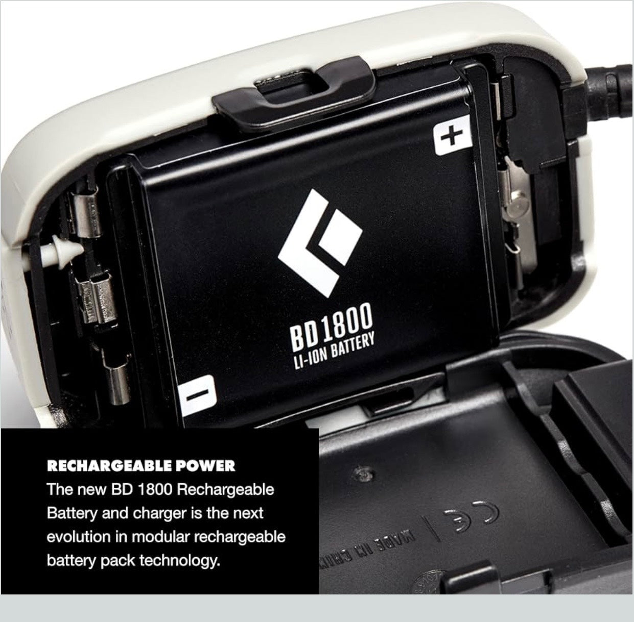 BD 1800 rechargeable battery pack with visible branding and technical details.