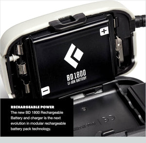 BD 1800 rechargeable battery pack with visible branding and technical details.