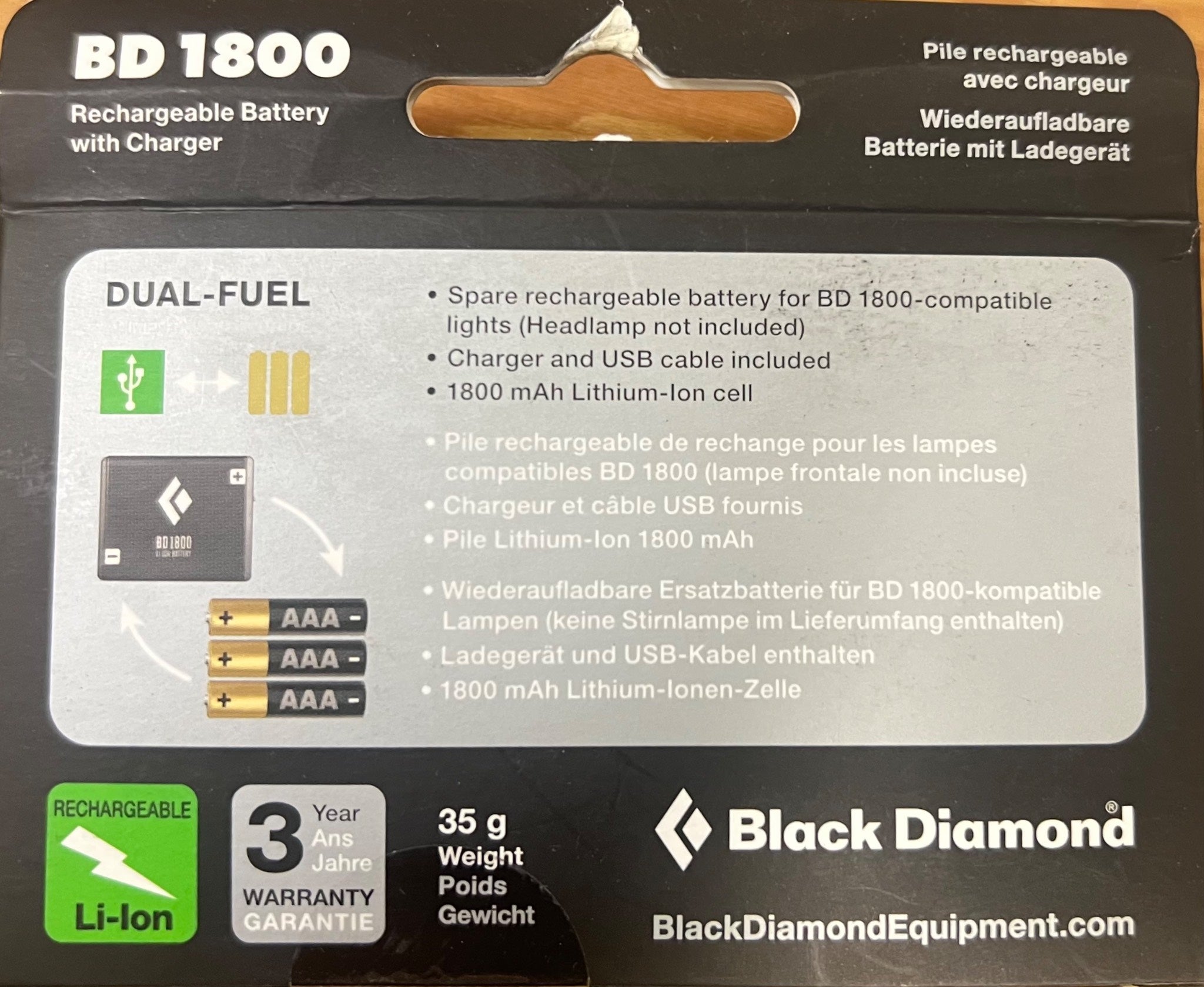 Black Diamond rechargeable battery packaging with text and branding.