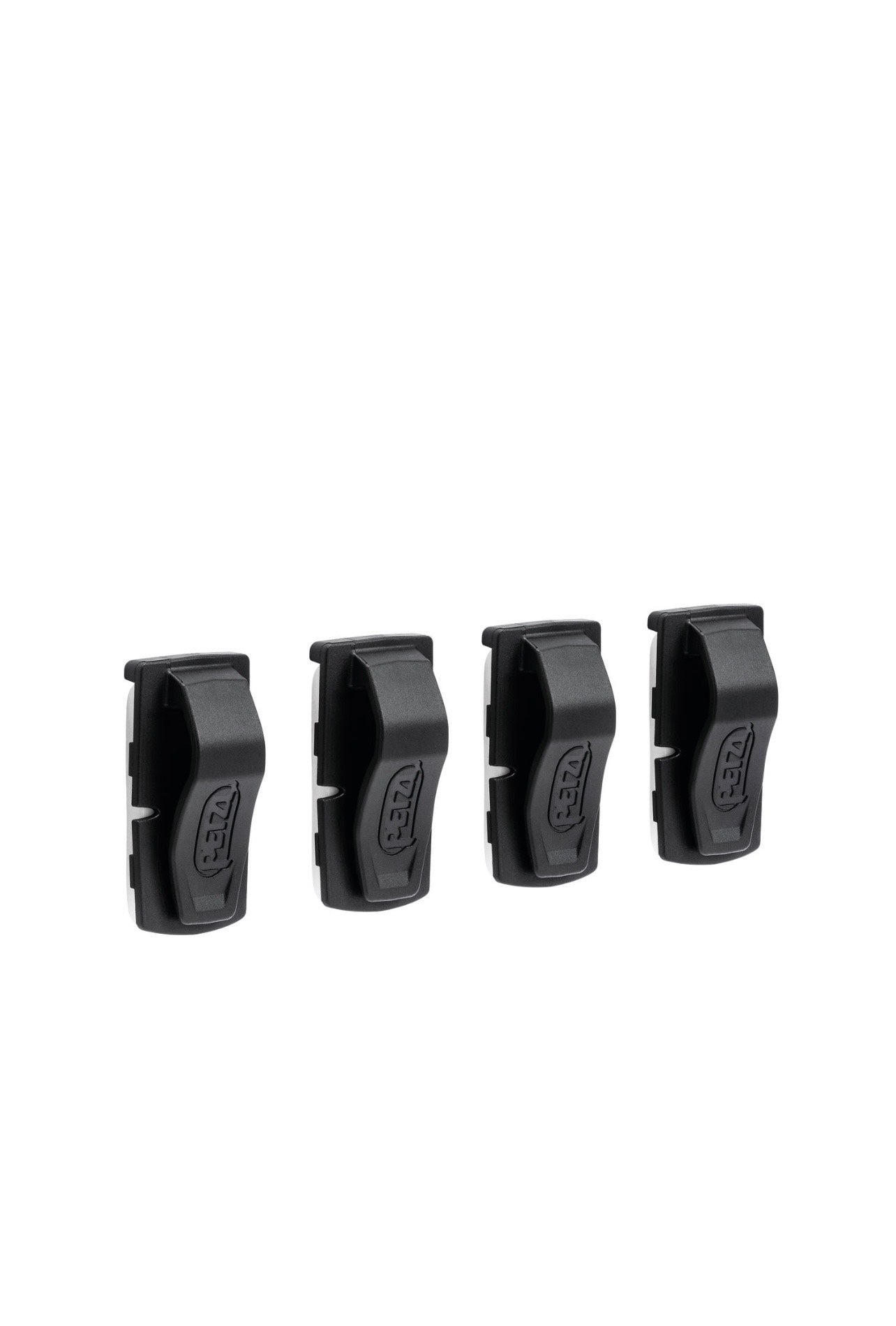 Four black plastic clips on a white background
