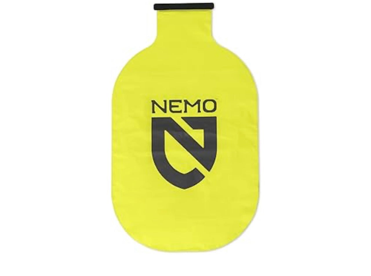 Yellow hot water bottle with Nemo logo on a white background