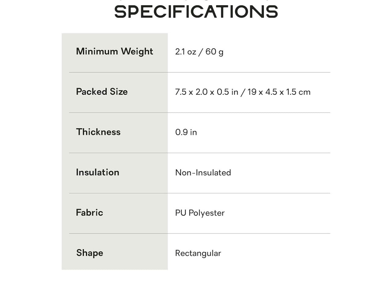 Product specifications table on a white background