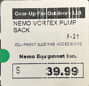 Label for Nemo Vortex Pump Sack with price and branding details.