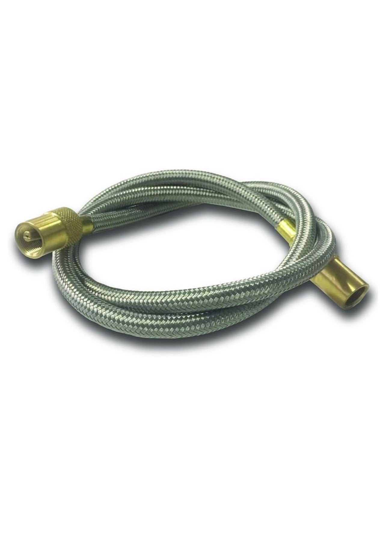 Braided metal hose with brass connectors on a white background