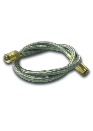 Braided metal hose with brass connectors on a white background