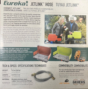 Eureka Jetlink hose product packaging with text and images of people using stoves.