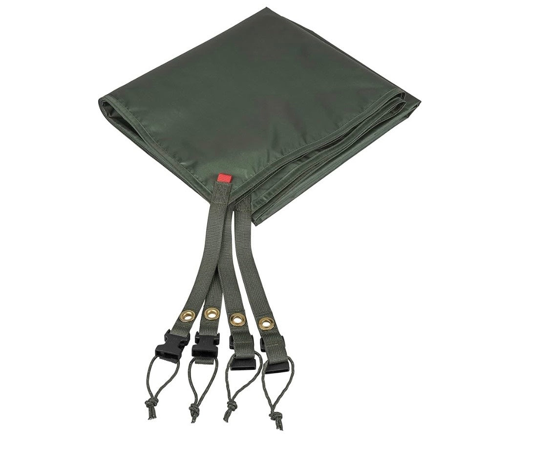 Green tarp with straps on a white background