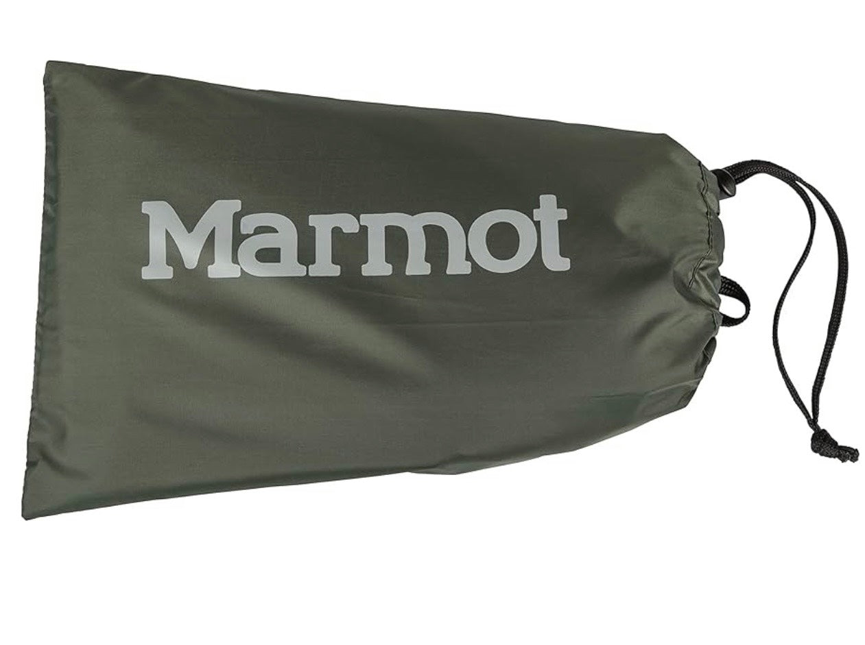 Green drawstring bag with 'Marmot' logo on a white background