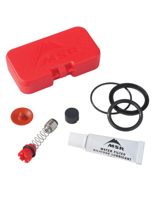  MSR water filter kit with red case, o-rings, and silicone lubricant on a white background
