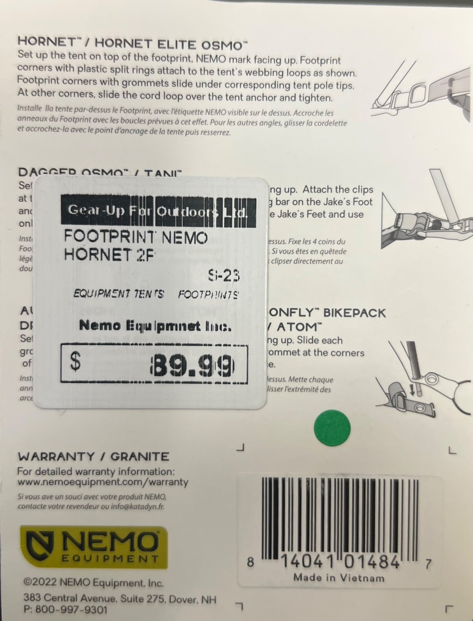 Backpack label with Nemo Equipment branding and product details