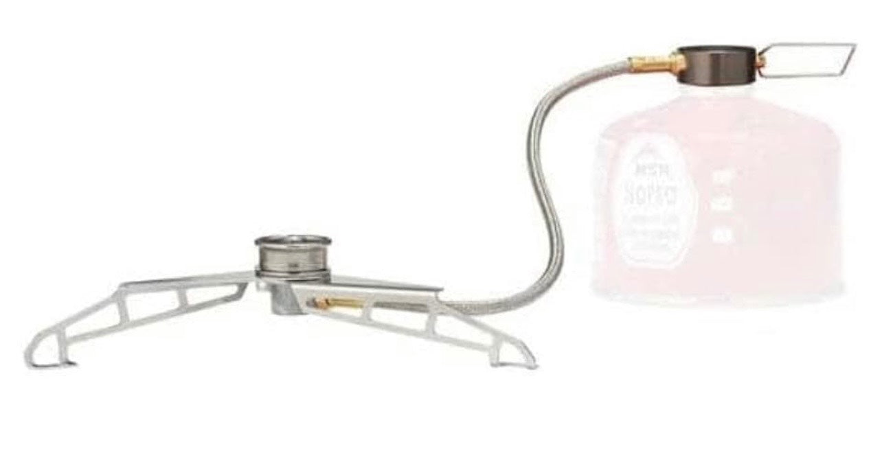 Butane fuel canister with a metal stove on a white background