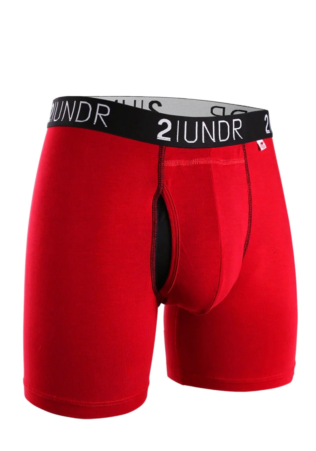 Red boxer briefs with a black waistband featuring '21UND' branding on a white background.