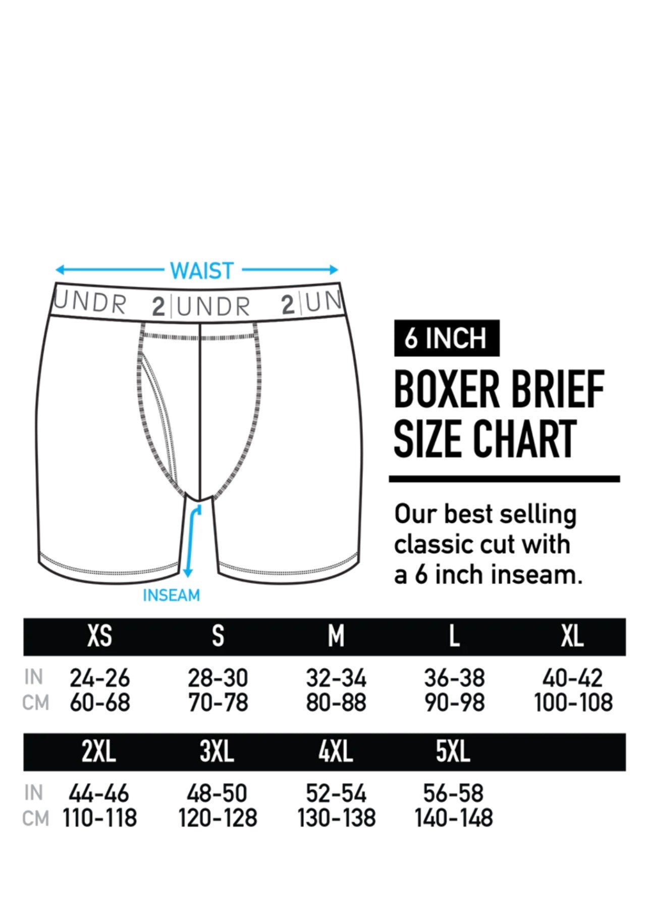 Size chart for 2UNDR boxer briefs with waist and inseam measurements.