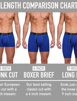 Comparison chart of men's underwear lengths with three models wearing blue boxer briefs.