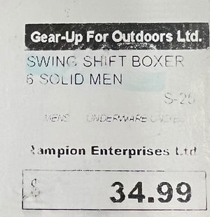 Vintage label for 'Gear-Up For Outdoors Ltd.' product with text and price.