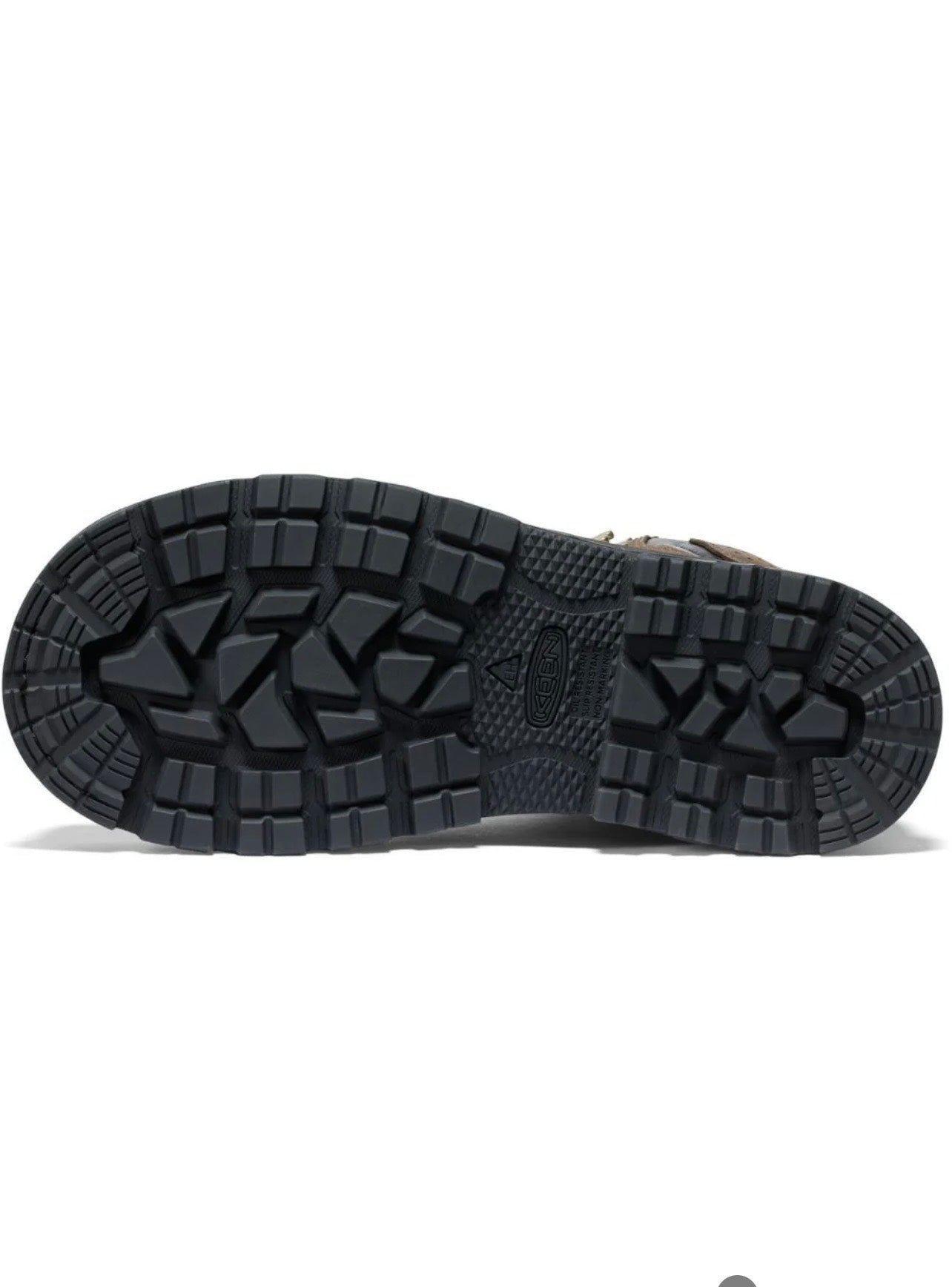 Close-up of a black boot sole with tread pattern on a white background