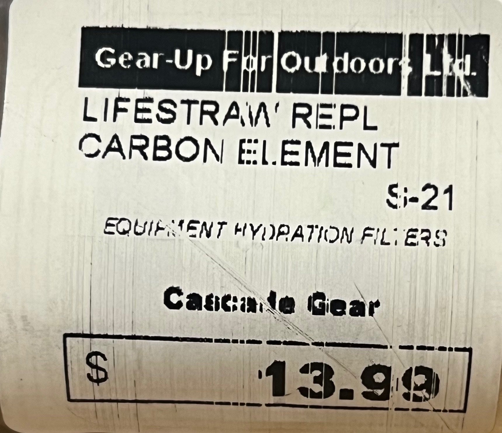 Label for Lifestraw replacement carbon element with branding and pricing information.