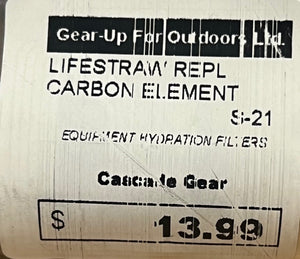 Label for Lifestraw replacement carbon element with branding and pricing information.